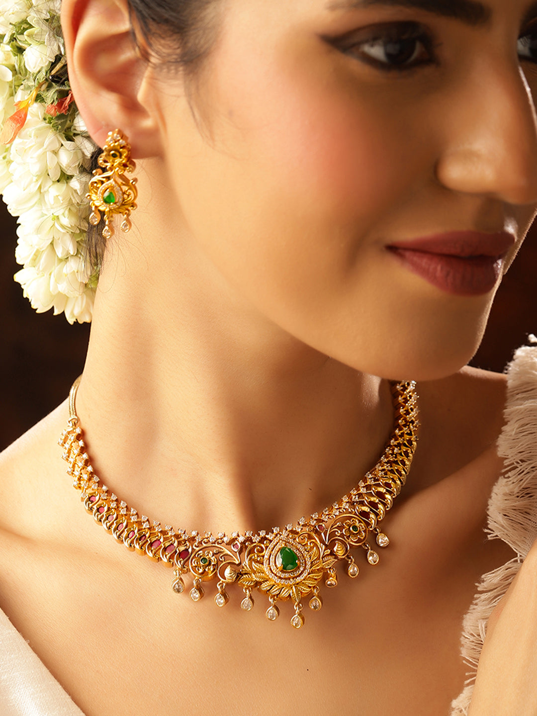 Green Stoned Elegance Gold Plated Floral Pattern Drop Earrings Jewellery Set