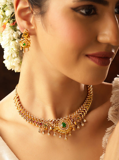 Green Stoned Elegance Gold Plated Floral Pattern Drop Earrings Jewellery Set