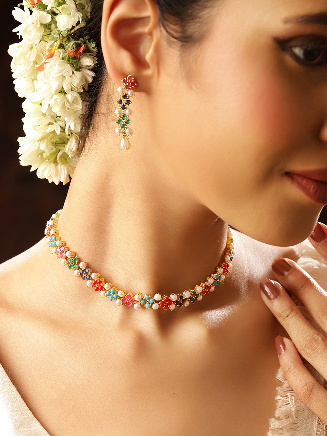Multicolor Stones and Pearl Combo Floral Necklace Gold Plated and Drop Earrings Jewellery Set