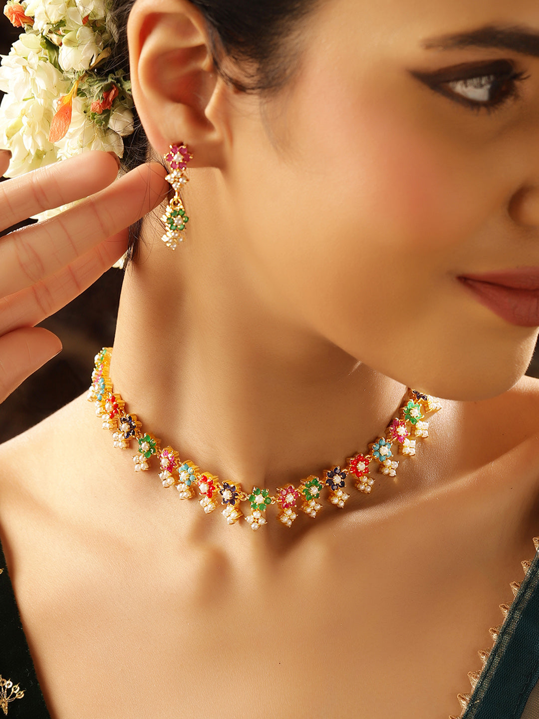 Floral Multicolor Stoned and Pearl Combo Gold Plated Necklace Drop Earrings Jewellery Set