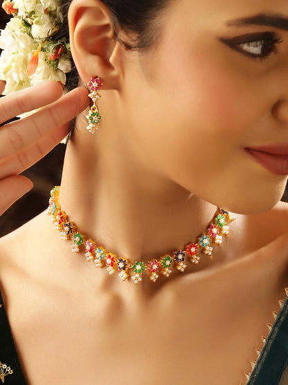 Floral Multicolor Stoned and Pearl Combo Gold Plated Necklace Drop Earrings Jewellery Set