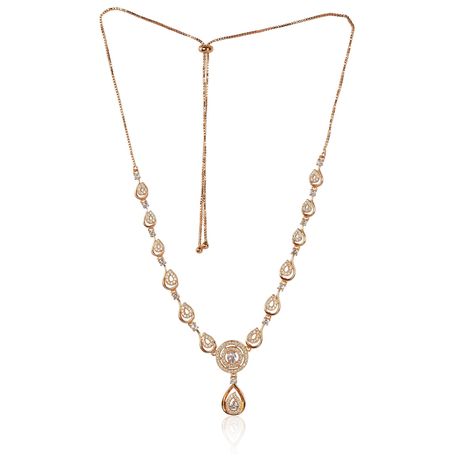 Stylish 18k Rose Gold Plated Ame Chain Pendent Necklace & Earrings Set for Women & Girls, Luxury AD Pendant Gift Set for Women, Girls & Her