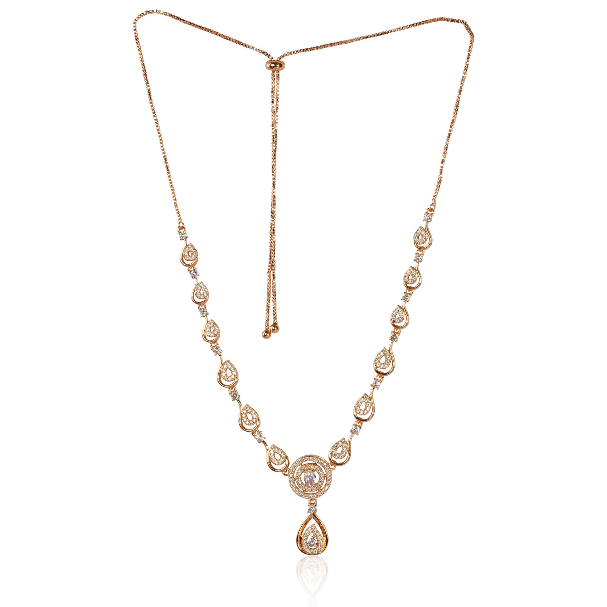 Stylish 18k Rose Gold Plated Ame Chain Pendent Necklace & Earrings Set for Women & Girls, Luxury AD Pendant Gift Set for Women, Girls & Her