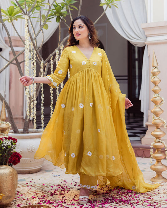 Golden Daisy Mustard Embroidered Doria Suit Set