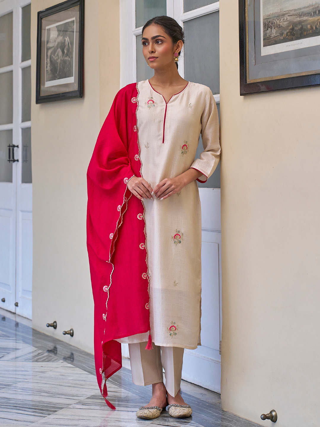 Cream Embroidered Chinon Kurta with Dupatta Set | silk kurta set for women​ | frontside view