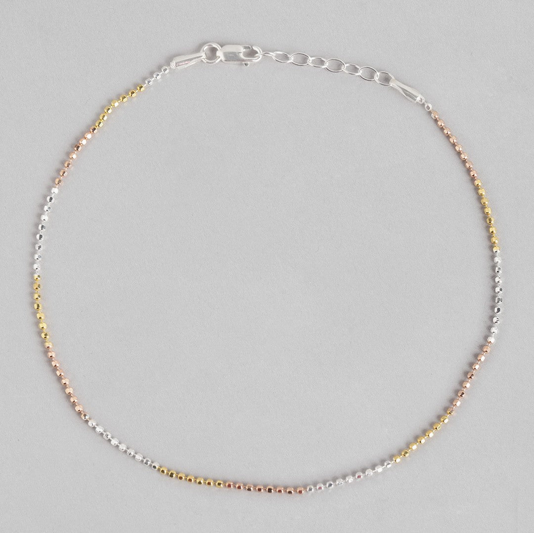 Elegant Triple Tone 925 Sterling Silver Beaded Chain Anklet