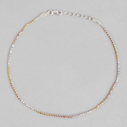 Elegant Triple Tone 925 Sterling Silver Beaded Chain Anklet