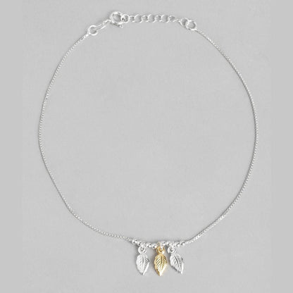 Leafy Delight Rhodium Plated 925 Sterling Silver Anklet with Leaf Pattern