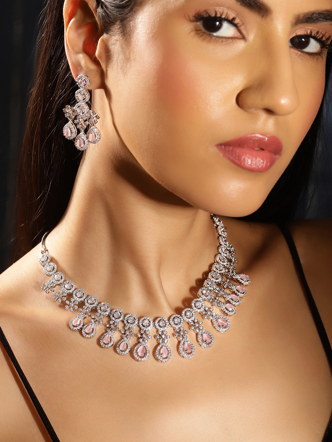 Pink Stoned Floral Design American Diamond Necklace and Drop Earrings Jewellery Set