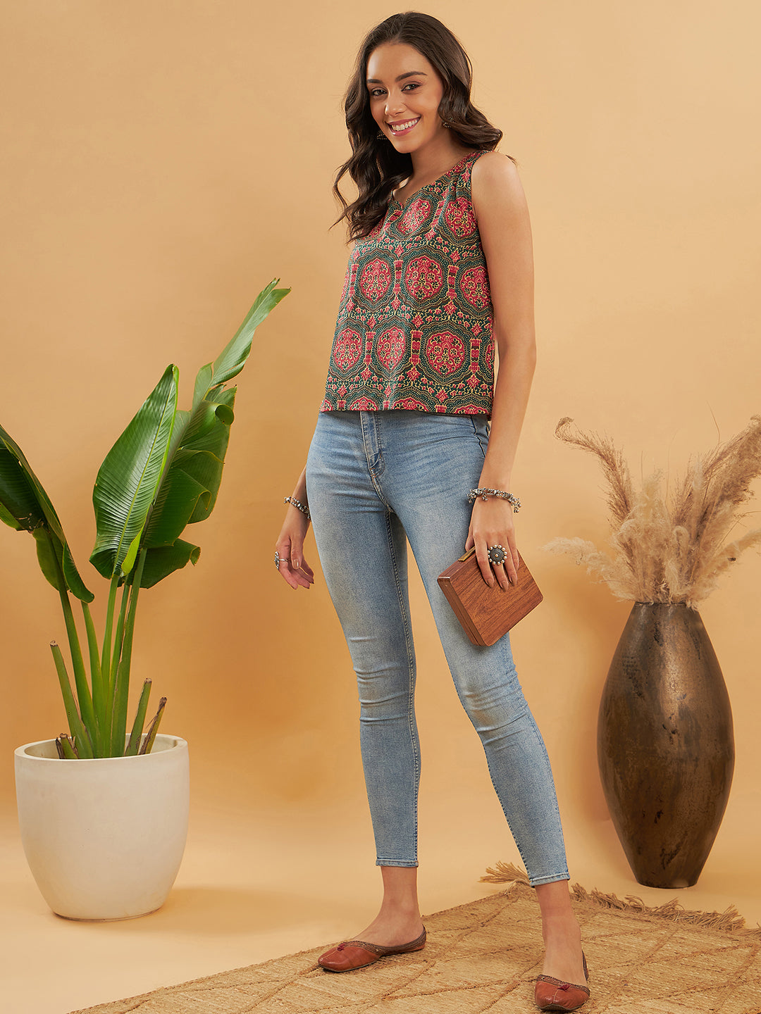 Green Red Mughal Kalamkari Sleeveless Top