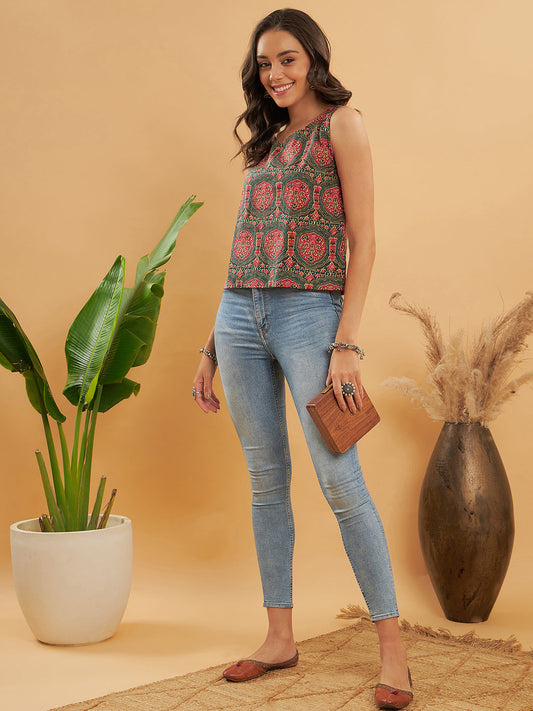Green Red Mughal Kalamkari Sleeveless Top