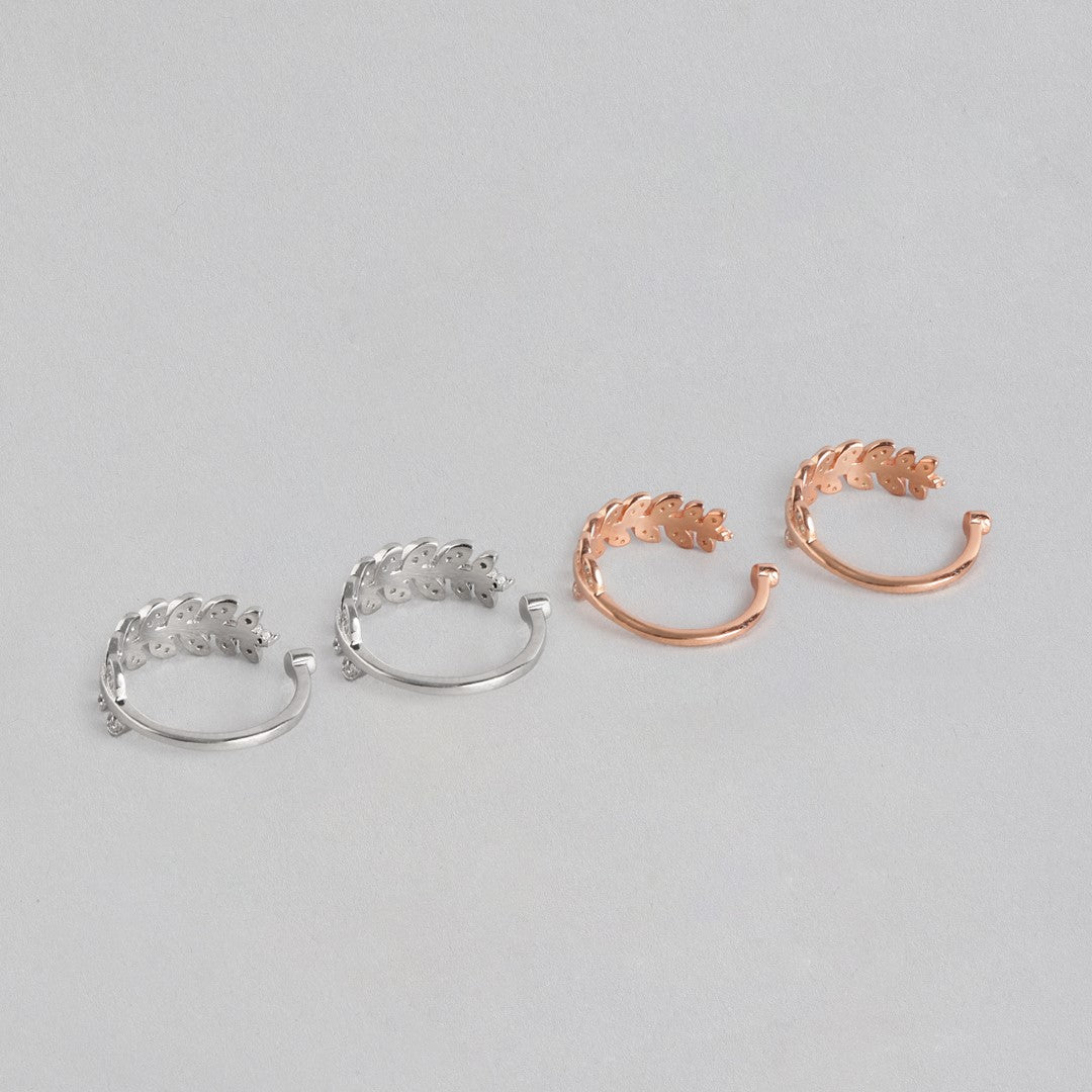 Leafy Silver Adjustable Rodium-Rose Gold 925 Silver Toe Ring Combo