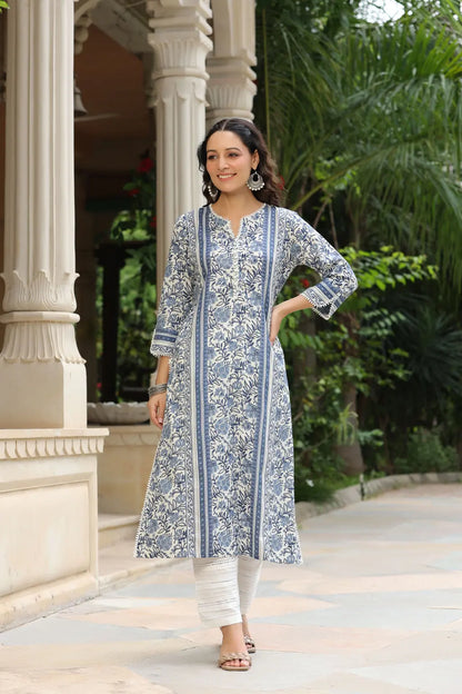 Women Blue Floral Printed A-line Kurta
