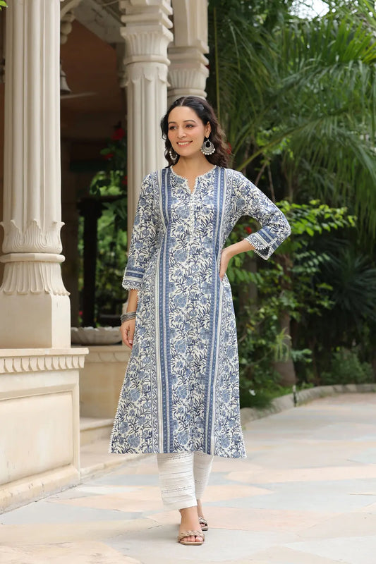Women Blue Floral Printed A-line Kurta