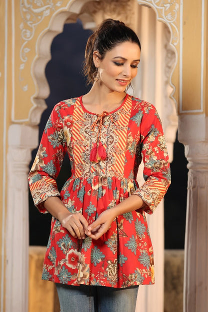 Women Red Cotton A Line Peplum Top