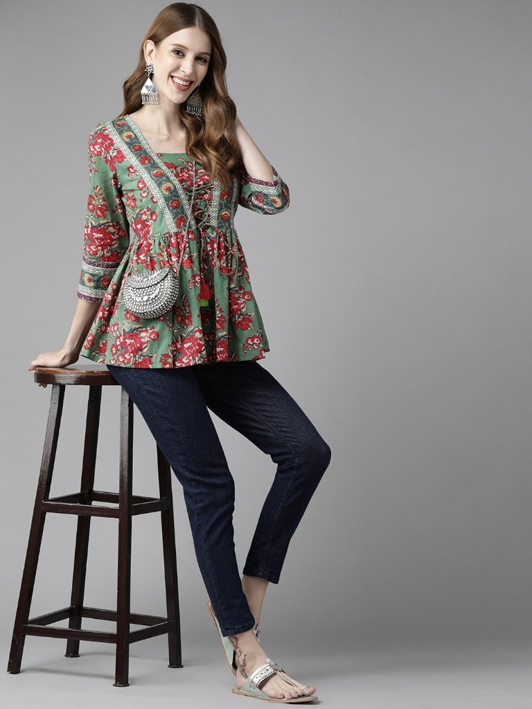 Women Red Floral Printed Empire Cotton Top