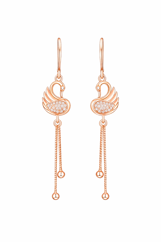 Rose Gold Plated Long Earrings, American Diamond Studded Lightweight Danglers Drop Earrings for Women and Girls (Swan)