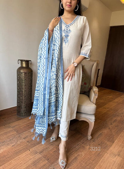 Elegant Handloom Cotton Embroidered Kurta Set with Dupatta