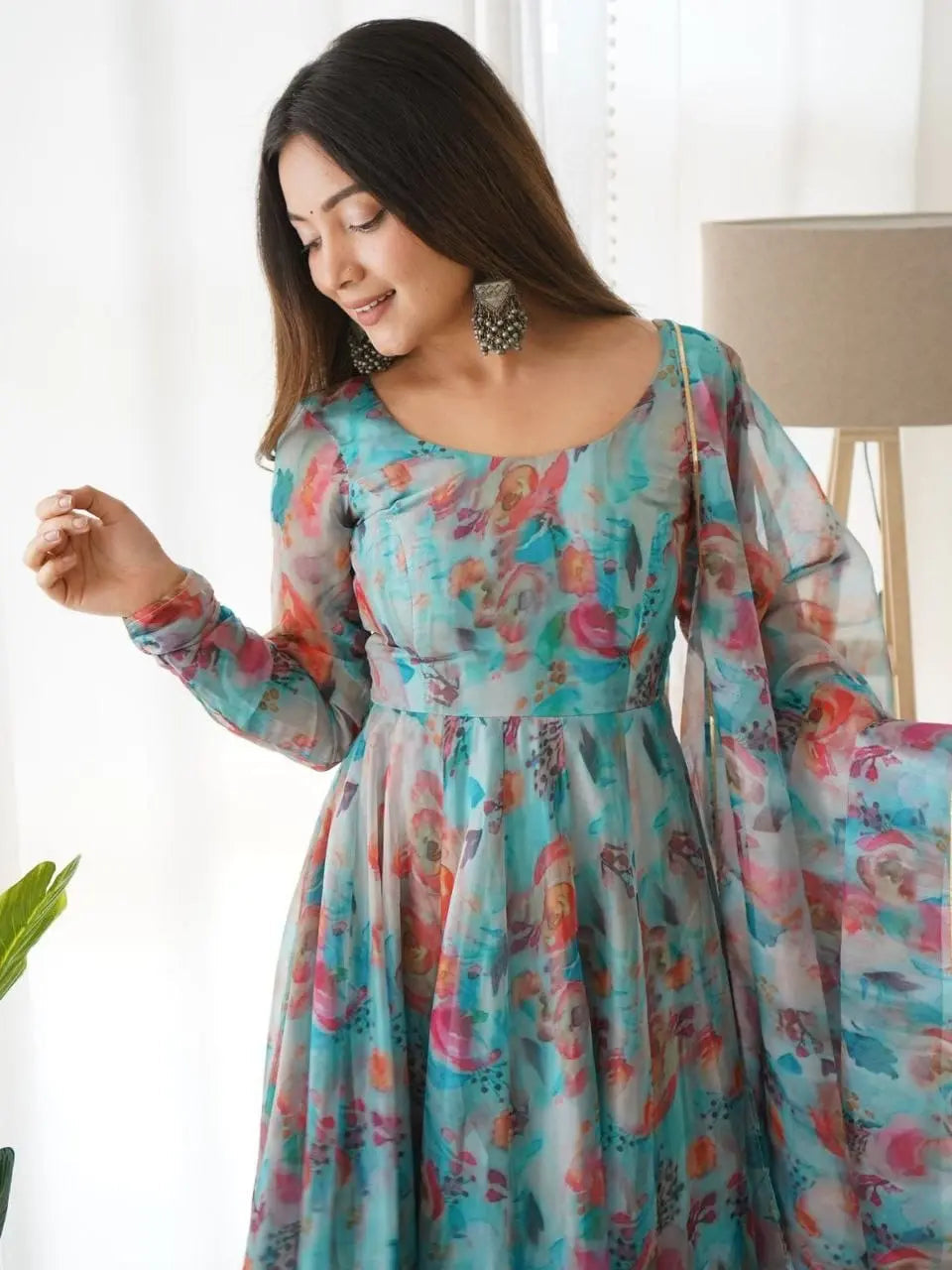 Organza Floral Digital Print Flair Dress Suit - Premium  from Ethenika.com - Just INR 1590! Shop now at Ethenika.com 