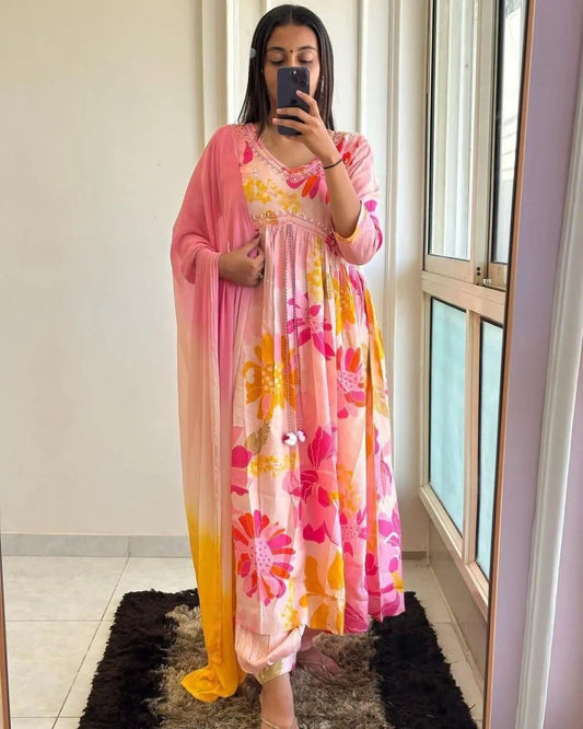 Floral Digital Print Lace embroidery work Afghani Kurti Pant Set - Premium  from Ethenika.com - Just INR 2290! Shop now at Ethenika.com 