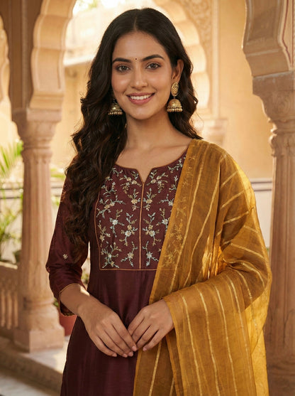 Coffee Embroidered Chinon Kurta with Dupatta Set for womens | kurta sets for women | front side half view