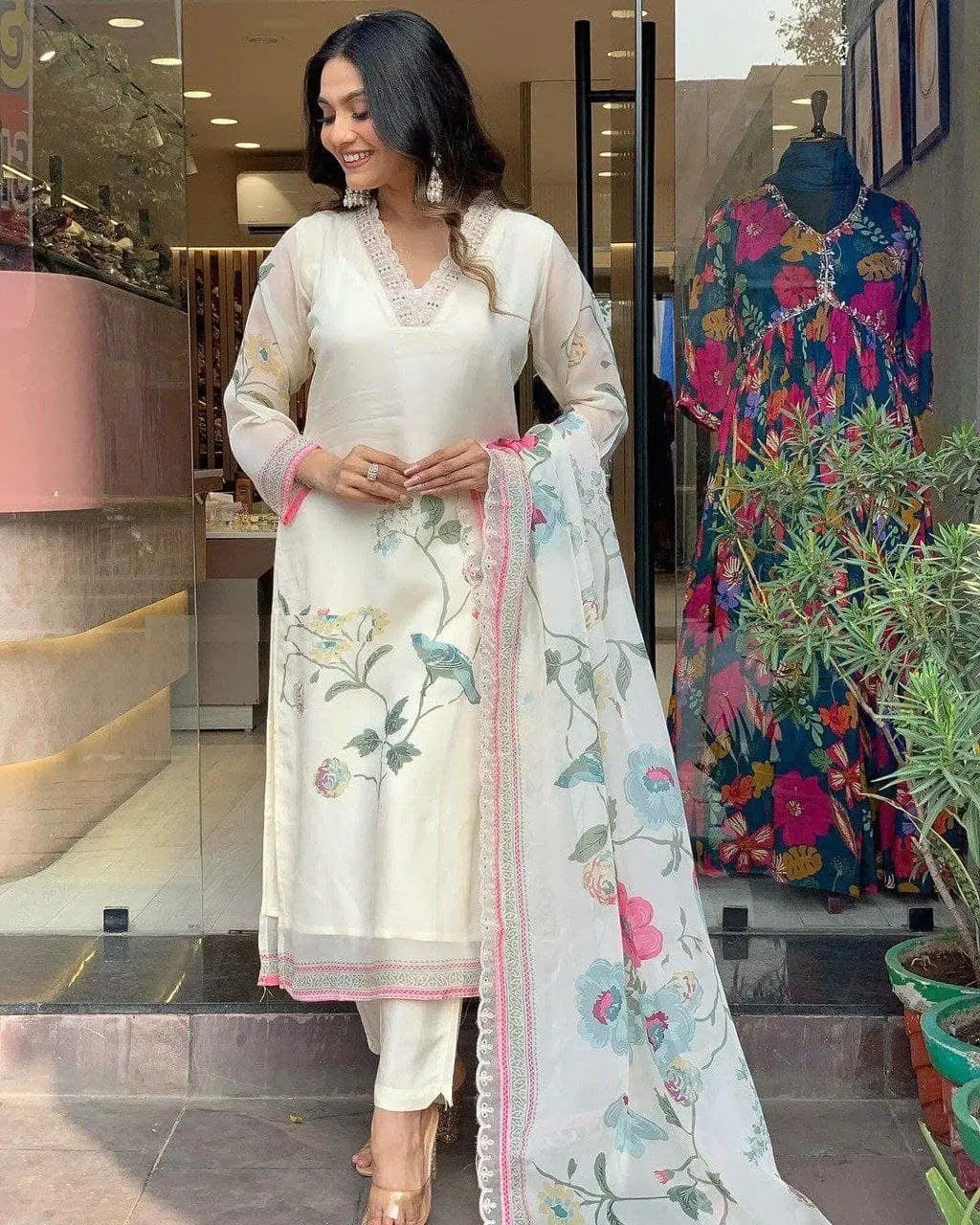 Premium Organza Digital Print work Summer Wear Kurti Pant Dupatta Set (Stitched) - Premium  from Ethenika.com  - Just INR 2990! Shop now at Ethenika.com 
