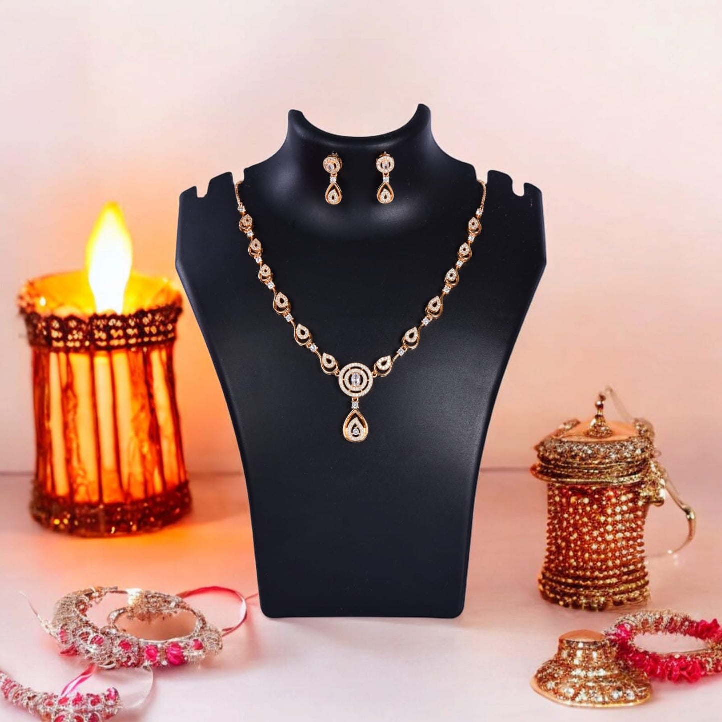 Stylish 18k Rose Gold Plated Ame Chain Pendent Necklace & Earrings Set for Women & Girls, Luxury AD Pendant Gift Set for Women, Girls & Her