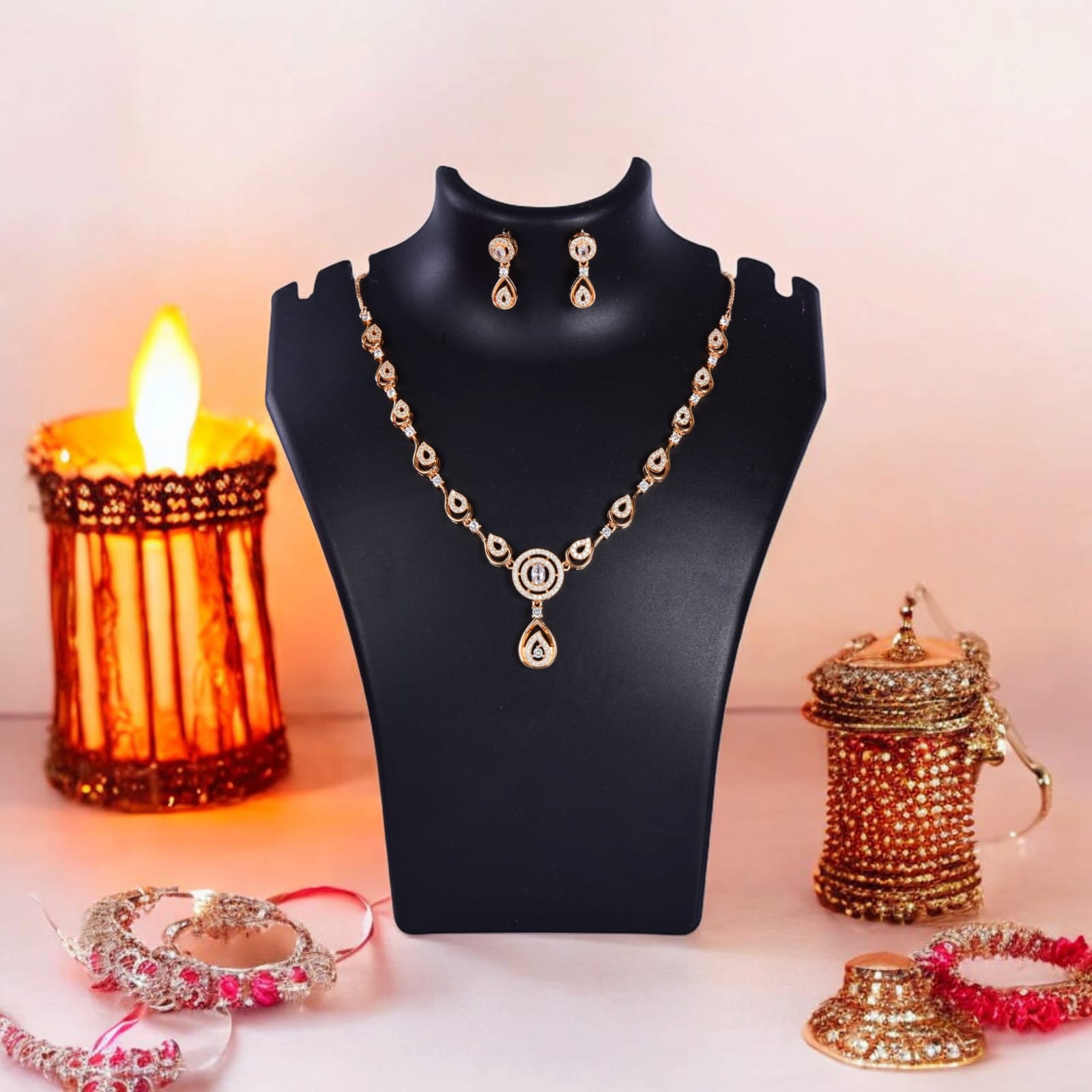 Stylish 18k Rose Gold Plated Ame Chain Pendent Necklace & Earrings Set for Women & Girls, Luxury AD Pendant Gift Set for Women, Girls & Her