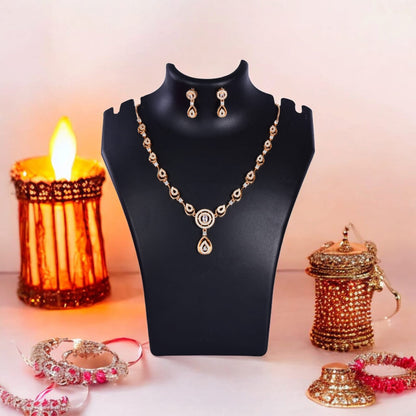 Stylish 18k Rose Gold Plated Ame Chain Pendent Necklace & Earrings Set for Women & Girls, Luxury AD Pendant Gift Set for Women, Girls & Her