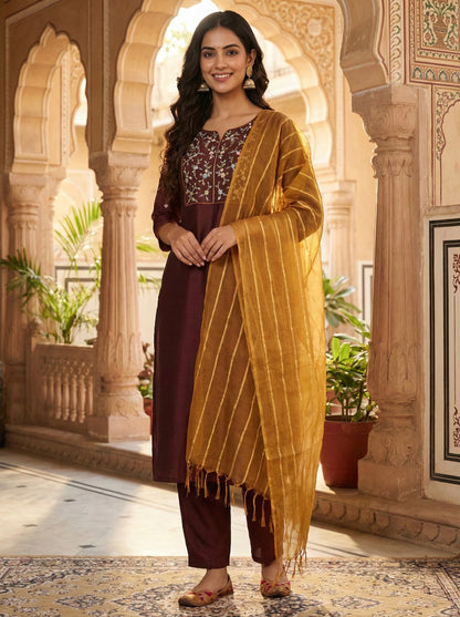 Coffee Embroidered Chinon Kurta with Dupatta Set for womens | kurta sets for women | front side view