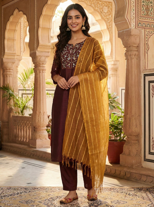 Coffee Embroidered Chinon Kurta with Dupatta Set for womens | kurta sets for women | front side view