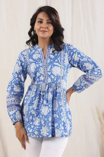 Women Blue Mandarin Collar Cotton Top