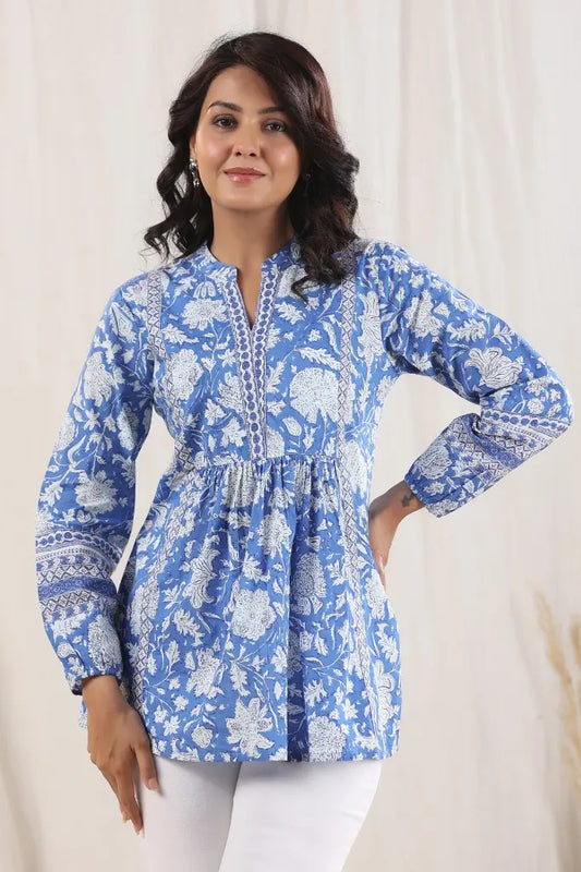 Women Blue Mandarin Collar Cotton Top