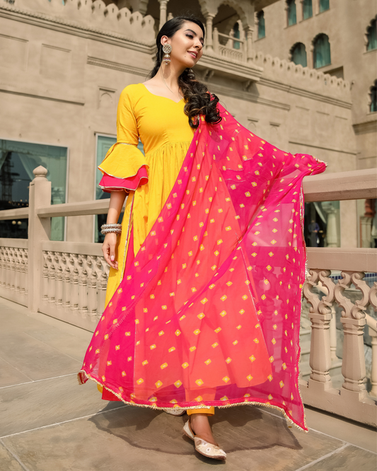 Yellow Beat Leheriya Gota Suit Set