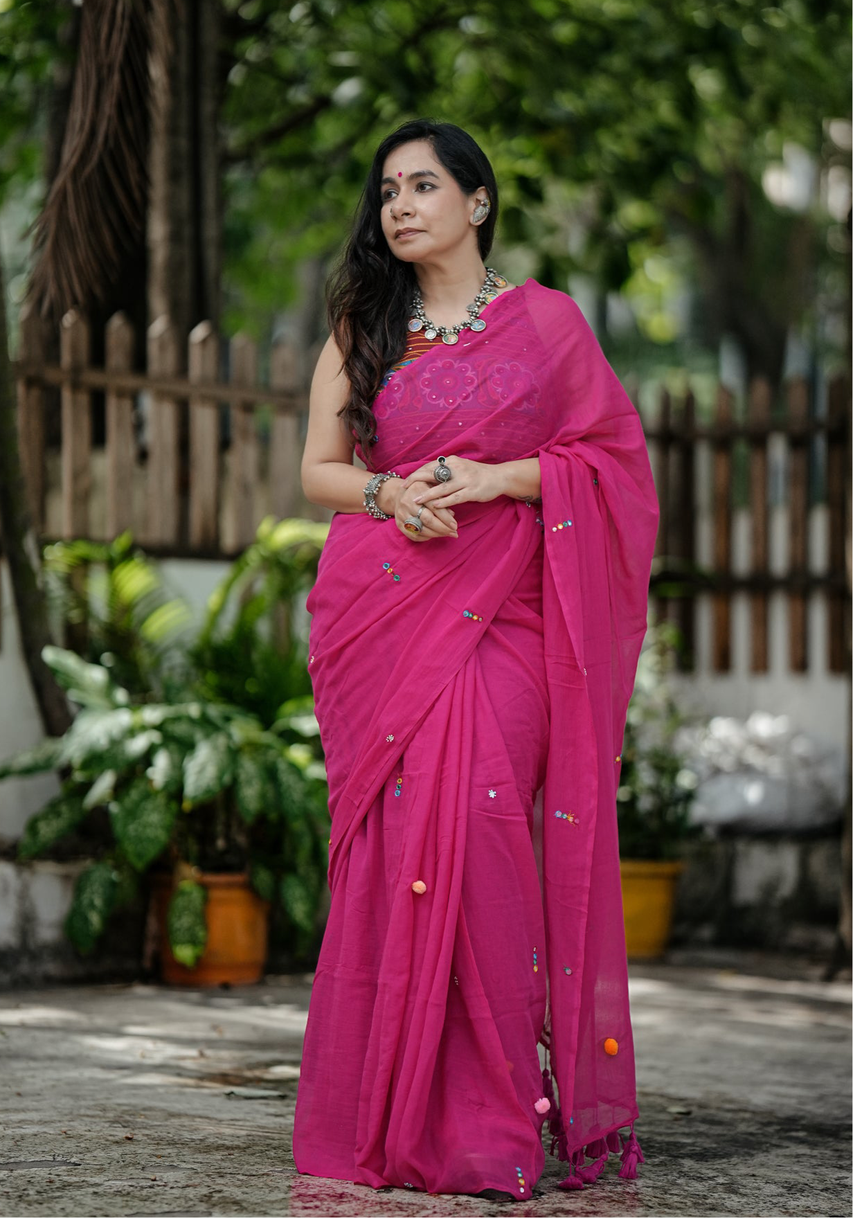 Mul Cotton Hand Mirror Work Pink Boho Saree