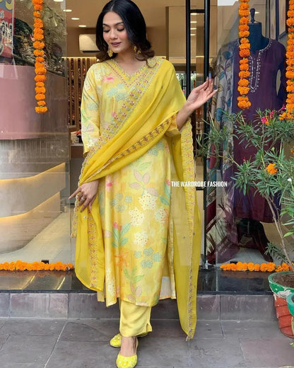 Muslin Silk digital Print with Embroidery work Kurti Pant Dupatta Set - Premium  from Ethenika.com  - Just INR 2790! Shop now at Ethenika.com 