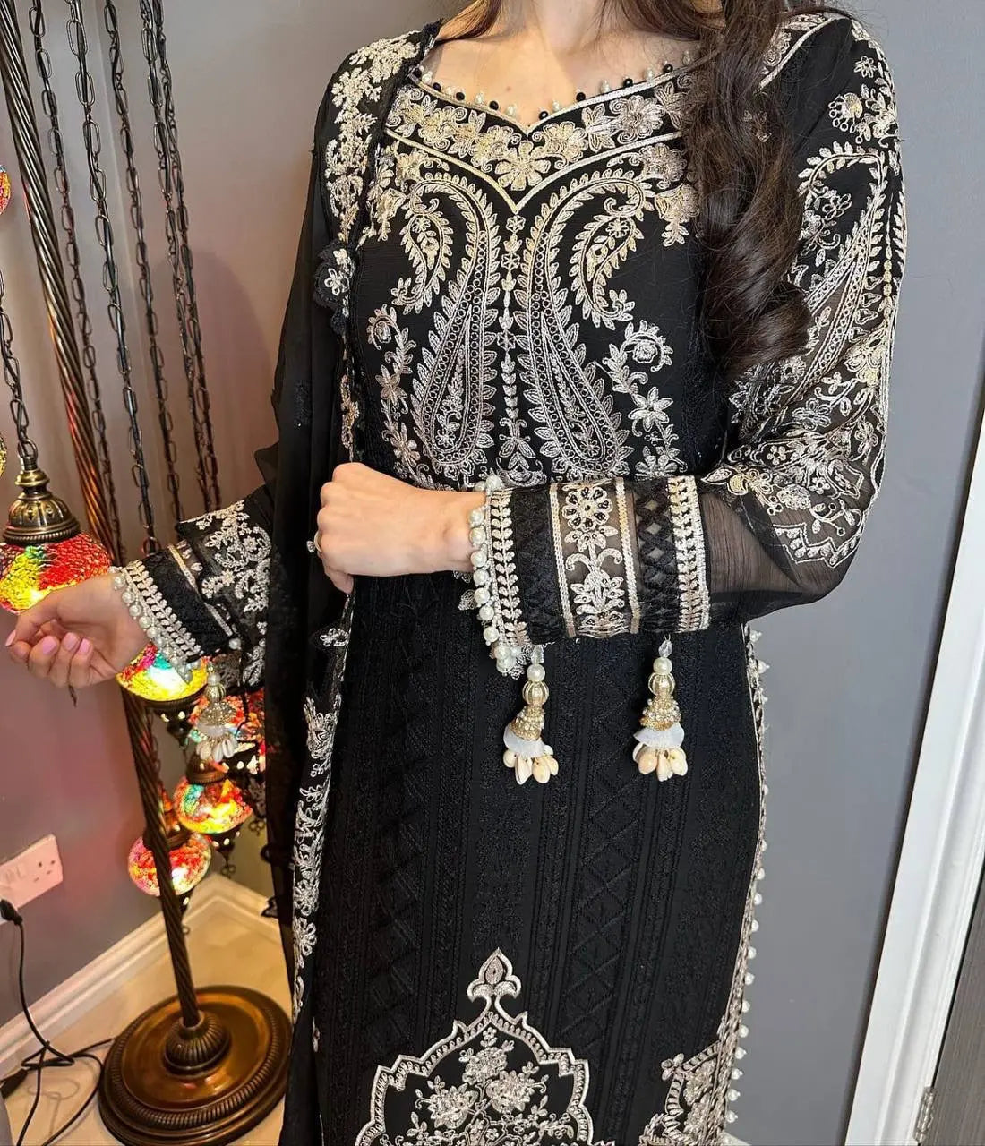 Georgette Zari Embroidery work Long Kurti Palazzo Dupatta Set - Premium  from Ethenika.com - Just INR 2890! Shop now at Ethenika.com 