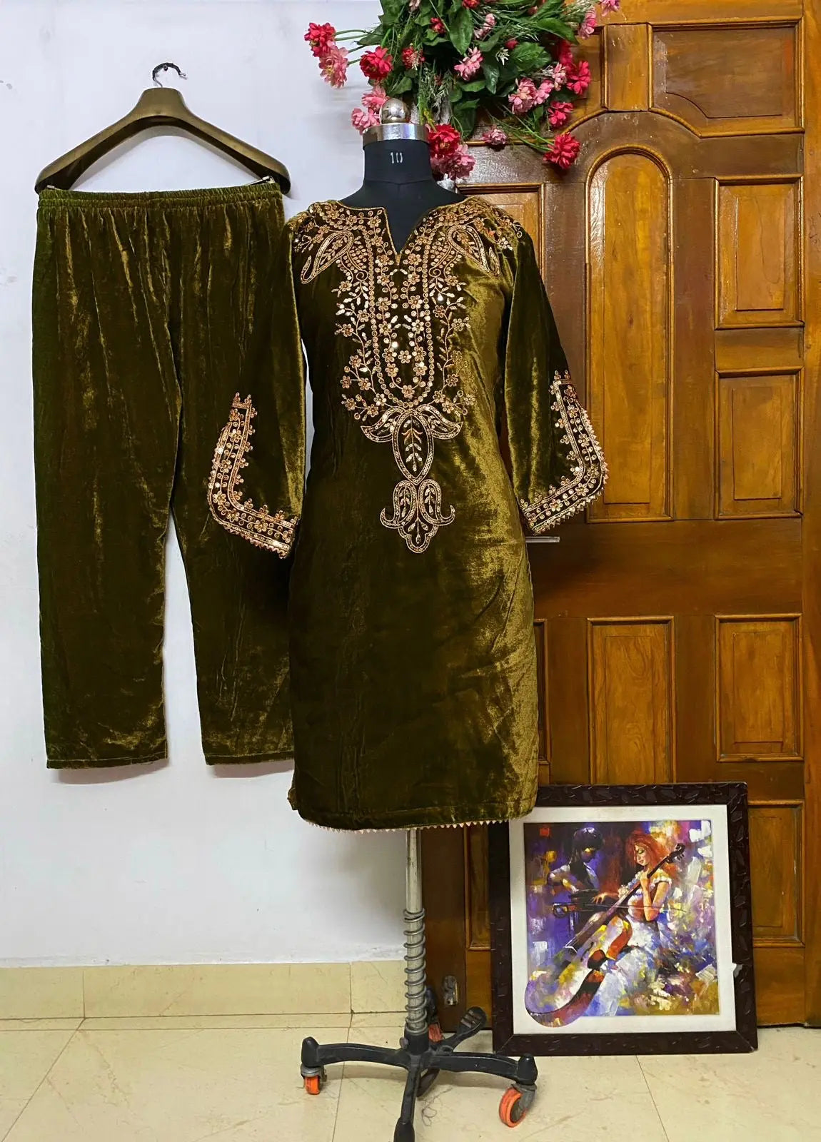 Neck Embroidery work Velvet Kurti Pant Set (Stitched) - Premium  from Ethenika.com - Just INR 2190! Shop now at Ethenika.com 