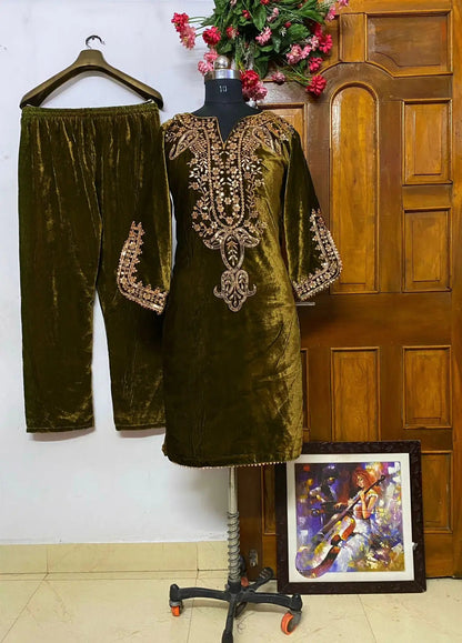 Neck Embroidery work Velvet Kurti Pant Set (Stitched) - Premium  from Ethenika.com - Just INR 2190! Shop now at Ethenika.com 
