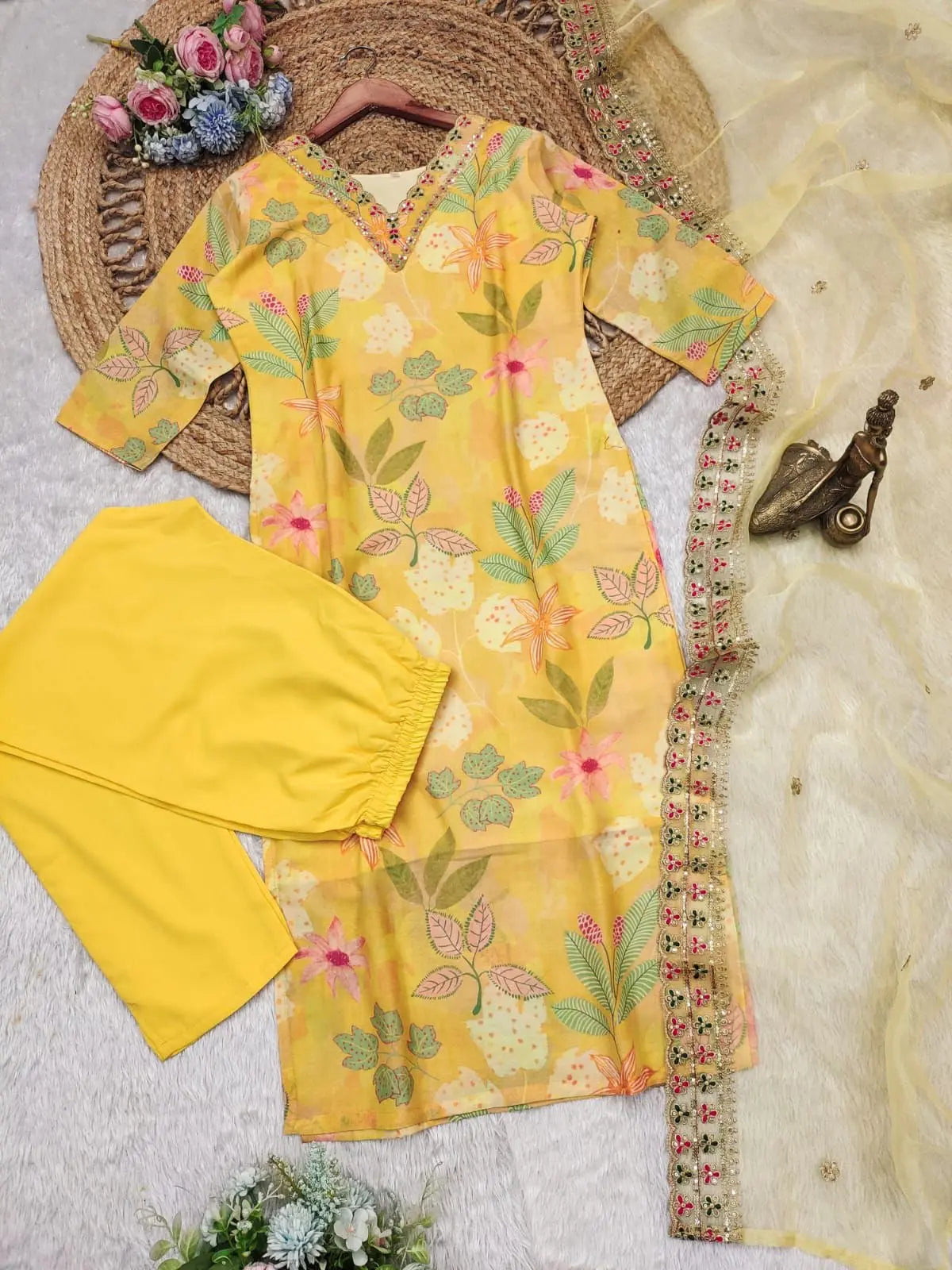 Muslin Silk digital Print with Embroidery work Kurti Pant Dupatta Set - Premium  from Ethenika.com  - Just INR 2790! Shop now at Ethenika.com 
