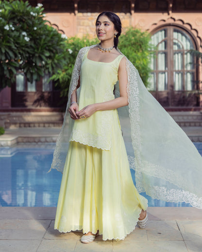 Nazakat Yellow Embroidered Cotton Sharara Set