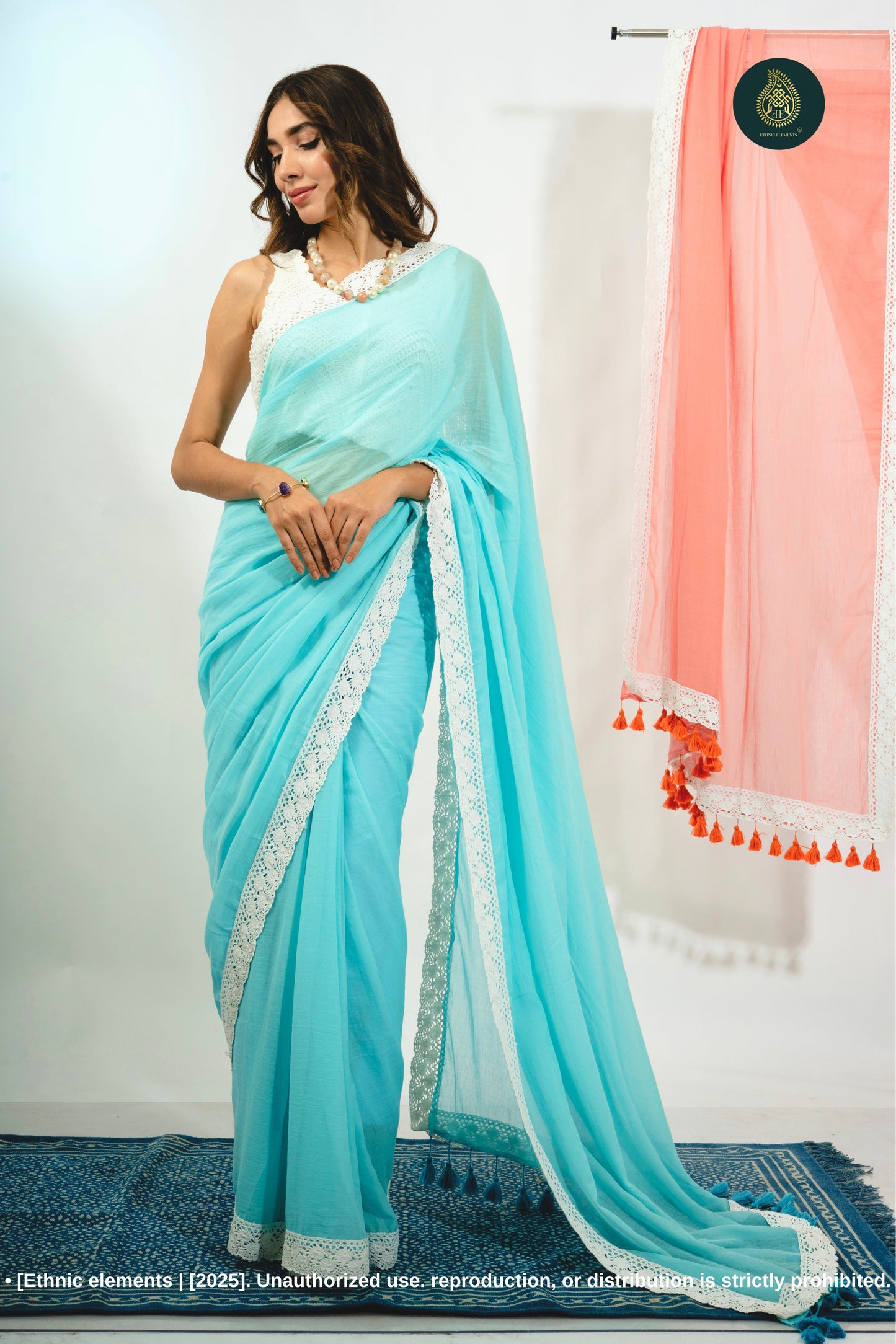 Summer Breeze: Blue Mul Cotton Saree With Crochet Border