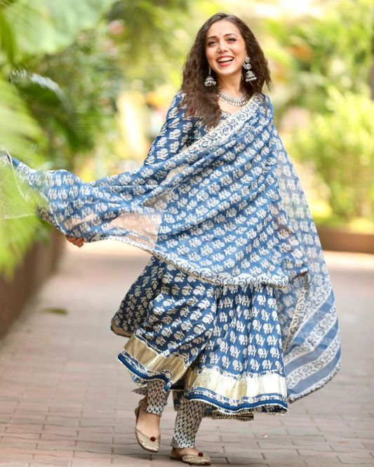 Windy Blue Handblock Cotton Suit Set