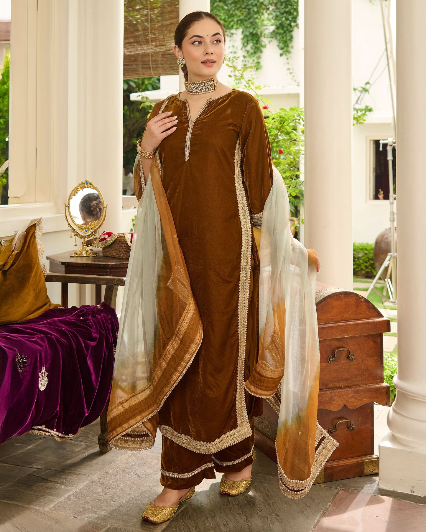 Shaili Mustard Solid Velvet Suit Set