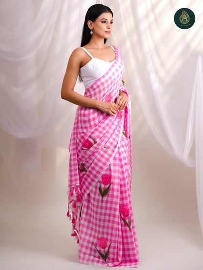 Rose Pink Gingham Checks Mul Cotton Saree - Hand painted