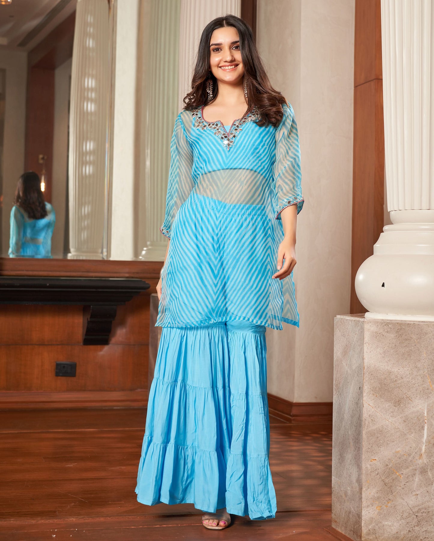Tijori Light Blue Leheriya Organza Sharara Set