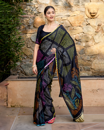 Kajal Black Gajji Silk Bandhej Saree