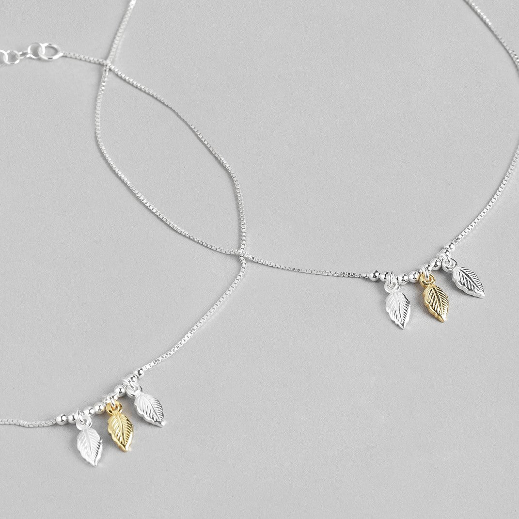 Leafy Delight Rhodium Plated 925 Sterling Silver Anklet with Leaf Pattern