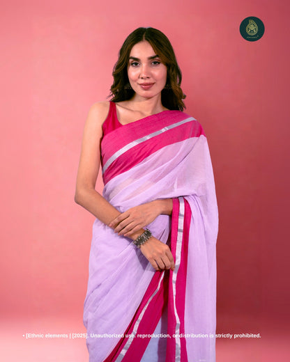 Mul Cotton Saree with Contrast Border Zari Aura - Dewy Lilac