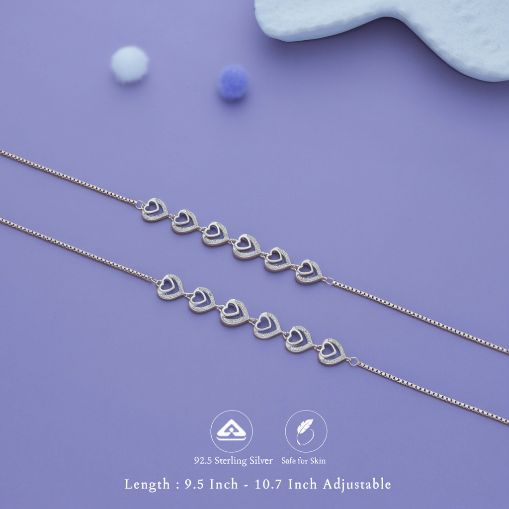 Heart Charm 925 Silver Anklet